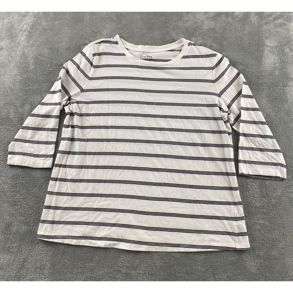 Coral Bay Womens XL Striped 3/4 Sleeve Top White Navy Blue 100% Cotton Casual